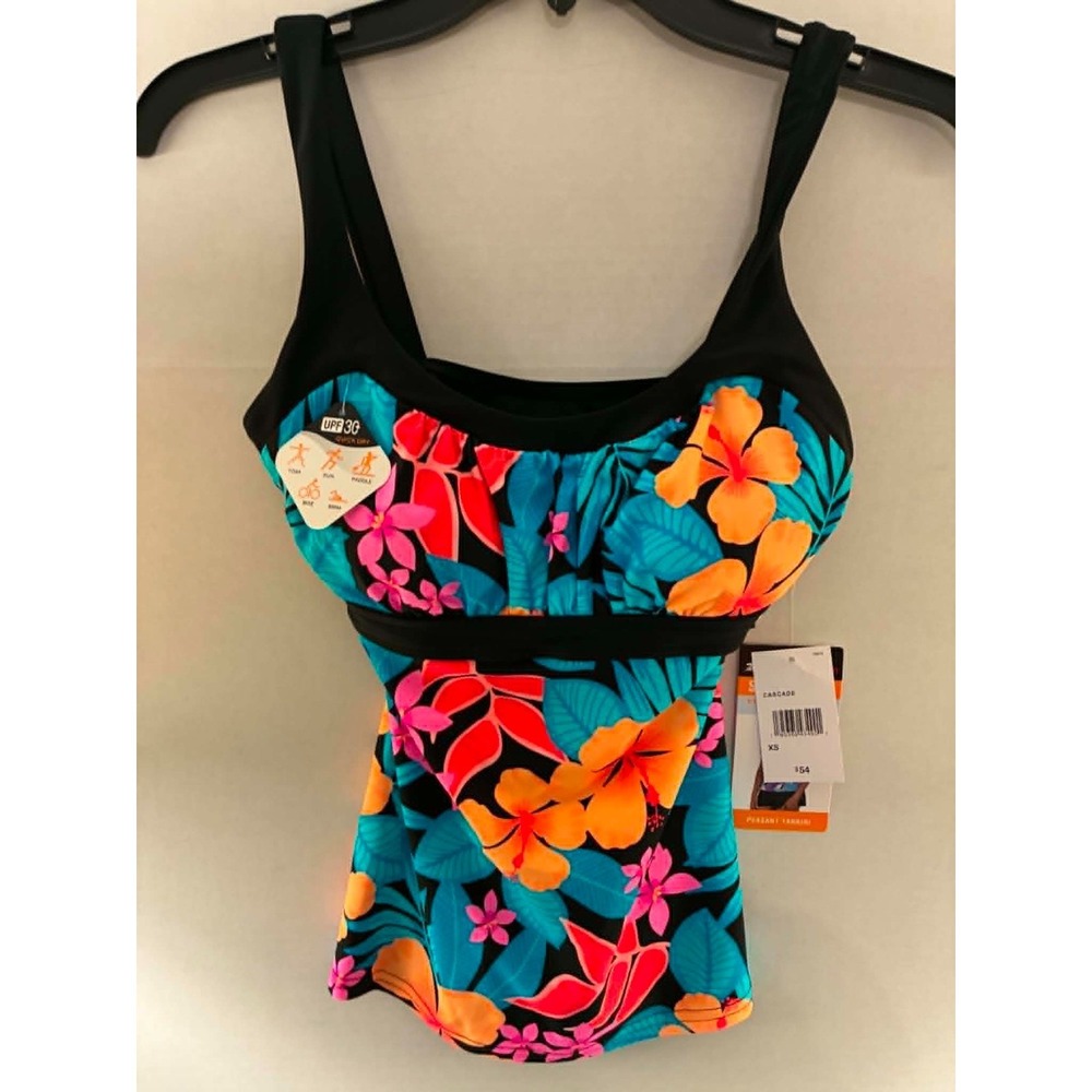 ZeroXposur Cascade Peasant Tankini Top Tropical Floral UPF 30 XS Black Multi